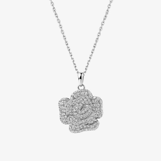 Fei Liu Peony Rhodium Plated Plated Cubic Zirconia Flower Pendant Necklace PEO-925R-302-CZ00