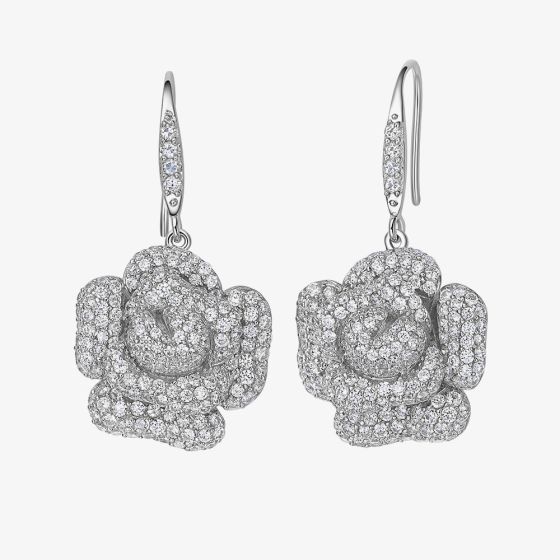Fei Liu Peony Rhodium Plated Plated Cubic Zirconia Flower Dropper Earrings PEO-925R-202-CZ00