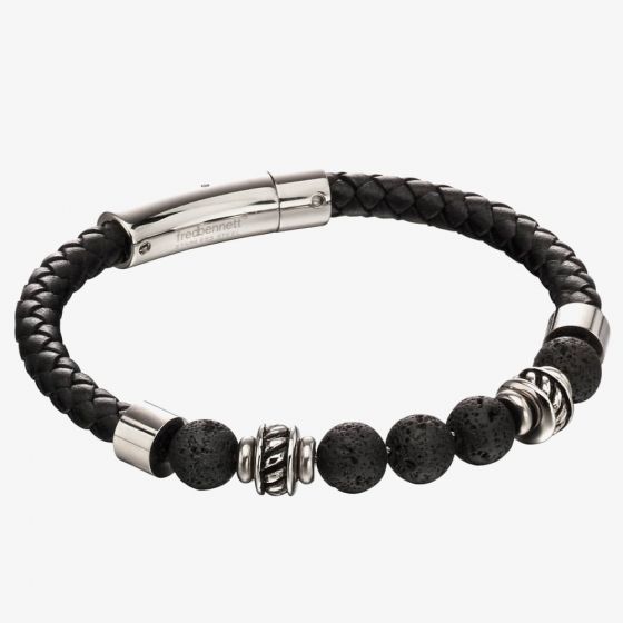 Fred Bennett Stainless Steel Black Leather Lava Bead Bracelet B5097