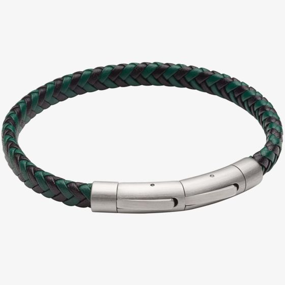 Fred Bennett Black & Forest Green Recycled Plaited Leather Bracelet B5375