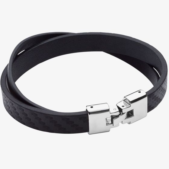 Fred Bennett Black Plain & Textured Recycled Leather Two-Row Bracelet B5376