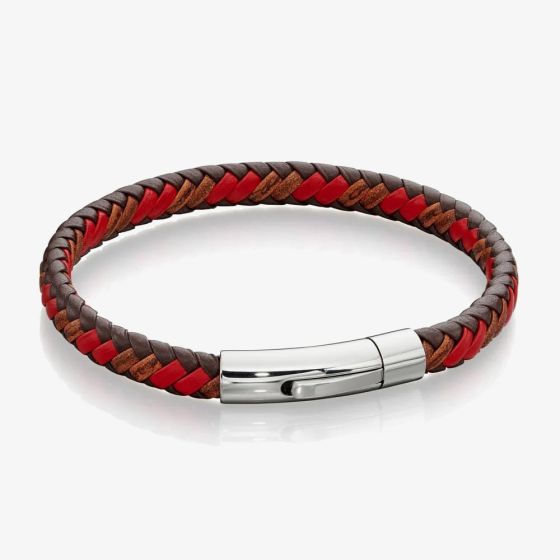 Fred Bennett Red & Brown Leather Stainless Steel Braided Bracelet B5278