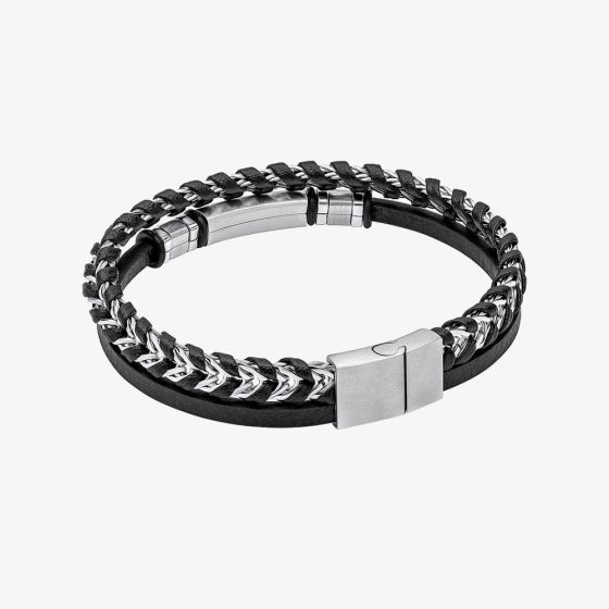 Fred Bennett Stainless Steel & Black Leather Braided Double Bracelet B5574B