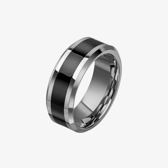 Fred Bennett Tungsten Black Enamel Stripe Ring R3860
