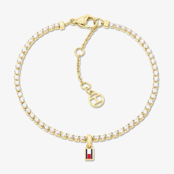 Tommy Hilfiger Yellow Gold Tone Plated Stainless Steel Cubic Zirconia Logo Charm Tennis Bracelet 2781093
