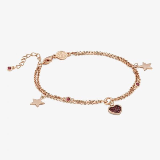 Nomination Nightdream Rose Gold Plated & Red Cubic Zirconia Two Row Hearts & Stars Bracelet 148100/002
