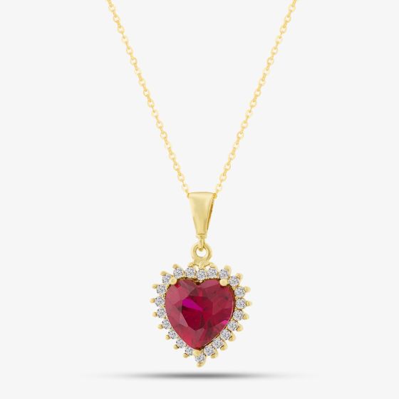 9ct Yellow Gold Red Cubic Zirconia Heart Halo Pendant Necklace NBD026YRU TRACEY9-18