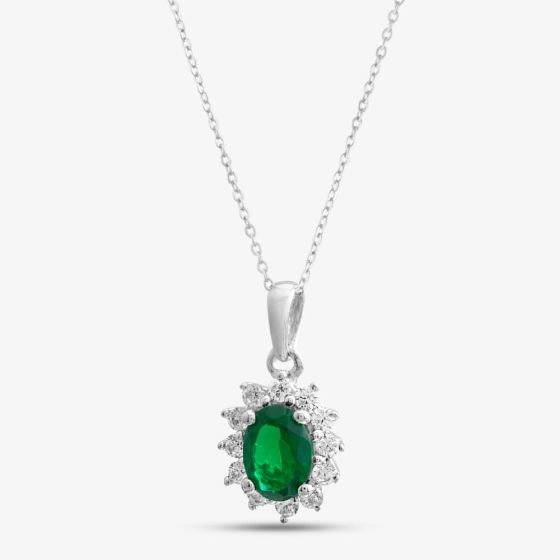 9ct White Gold Oval Cut Emerald & Cubic Zirconia Halo Necklace D152307WG