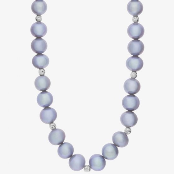 9ct White Gold Grey Freshwater Pearl and Textured Bead 18 Inch Necklace POZ70029FW