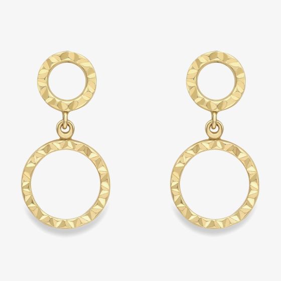 9ct Gold Diamond Cut Double Circle Drop Stud Earrings 120225127471
