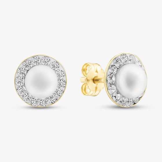 9ct Yellow Gold Cultured Pearl Crystal Stud Earrings 1.58.7559