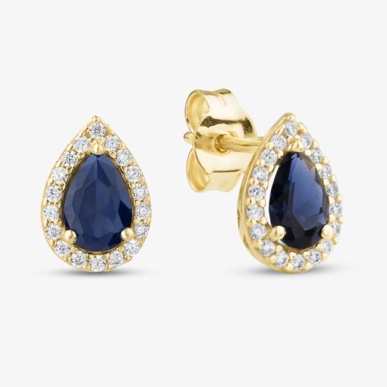 9ct Yellow Gold Pear Cut Blue Cubic Zirconia Halo Stud Earrings 1.59.1928