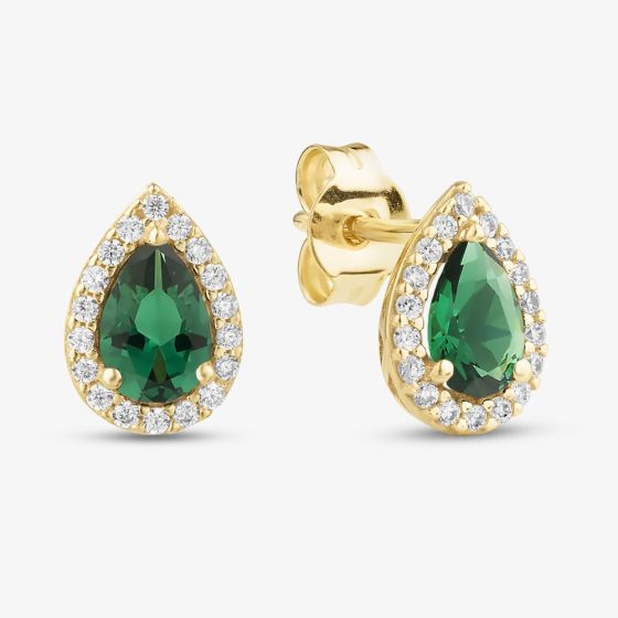 9ct Yellow Gold Pear Cut Green Cubic Zirconia Halo Stud Earrings 1.59.1930