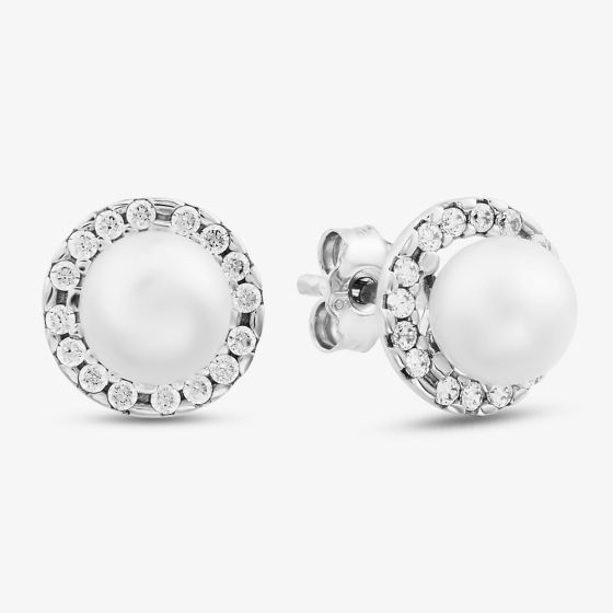 9ct White Gold Cultured Pearl Crystal Halo Stud Earrings 5.58.7829