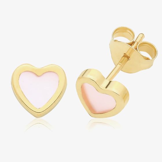 9ct Yellow Gold Pink Mother Of Pearl Heart Stud Earrings ES762