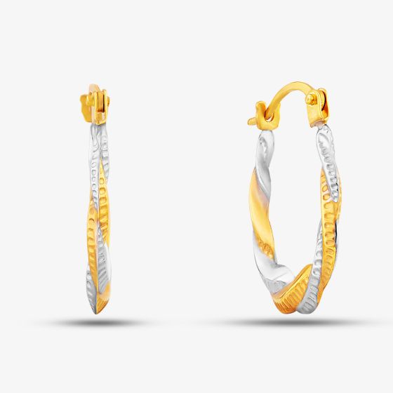 9ct Two Tone Patterned Twist Creole Earrings UER128YW