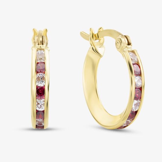 9ct Yellow Gold Red & White Cubic Zirconia 14mm Hoop Creole Earrings 1.58.7109