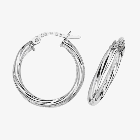 9ct White Gold 15mm Textured Hoop Earrings ER349W