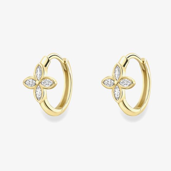 9ct Yellow Gold Cubic Zirconia Flower Huggie Hoop Earrings 120525147606