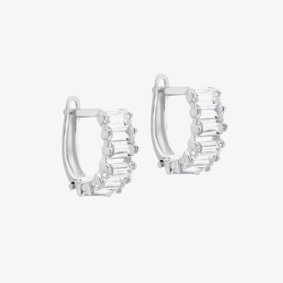 9ct White Gold 11mm Baguette Cut Cubic Zirconia Huggie Hoop Earrings 5.58.3859