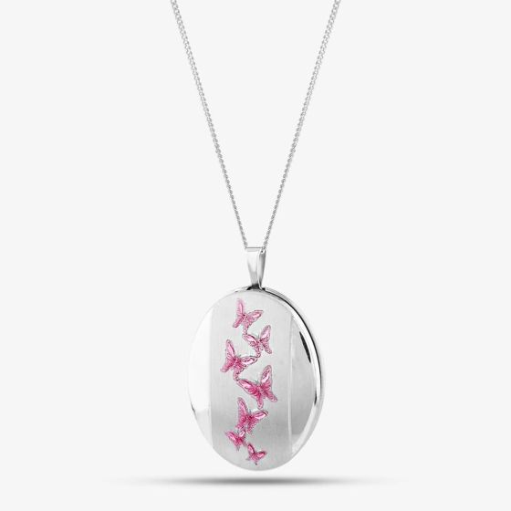 Silver Pink Enamel Butterfly Oval Locket Necklace 8.65.2651