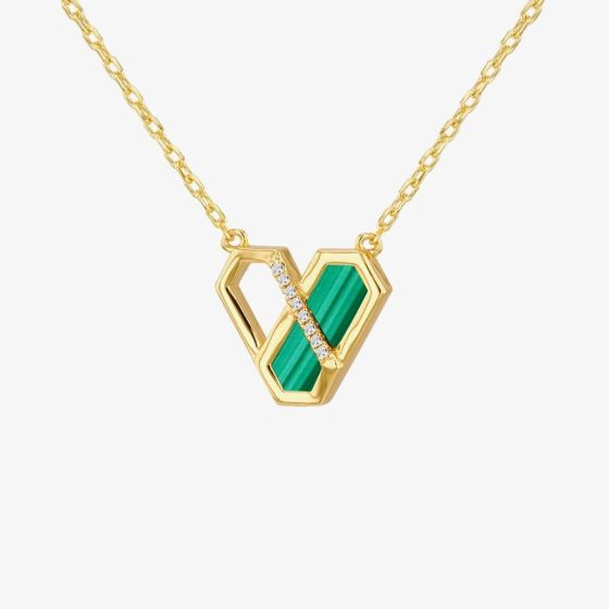 LUXE Silver Gold Plated Malachite & Cubic Zirconia Hexagon Link Necklace 8.12.0230