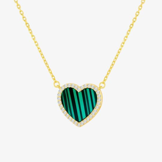 LUXE Silver Gold Plated Malachite & Cubic Zirconia Heart Necklace 8.13.7830