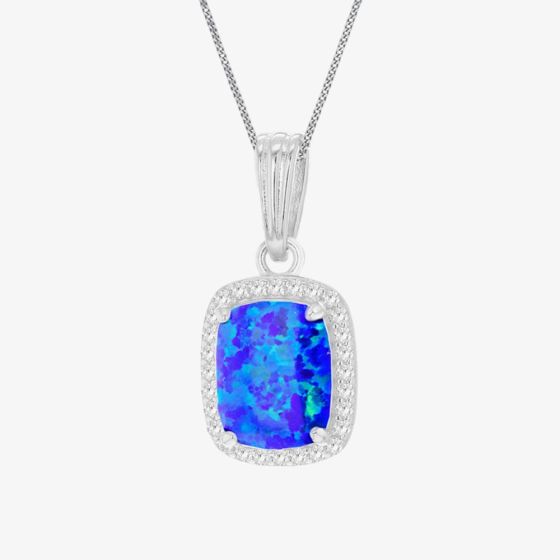Silver Blue Synthetic Opal & Cubic Zirconia Rectangle Necklace 8.68.7107