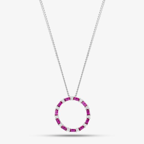 Sterling Silver Red Cubic Zirconia Circle Pendant Necklace S6674