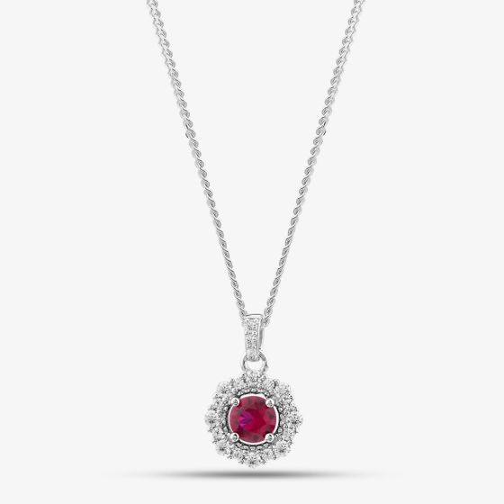 Sterling Silver Red Cubic Zirconia Halo Pendant Necklace S6679