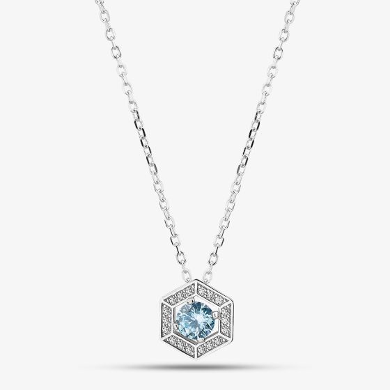 Silver Rhodium Plated Blue Cubic Zirconia Hexagon Halo Pendant Necklace 8.19.2024
