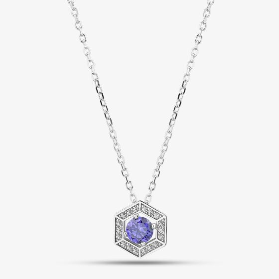 Silver Rhodium Plated Purple Cubic Zirconia Hexagon Halo Pendant Necklace 8.19.2034