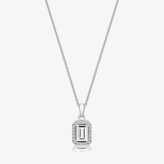 Sterling Silver Emerald Cut Cubic Zirconia Halo Pendant Necklace SPG0027CZ