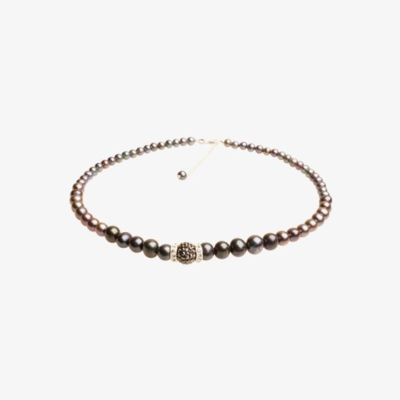 T H Baker Silver Black Simulated Pearl Cubic Zirconia Ball Necklace N-1127-4