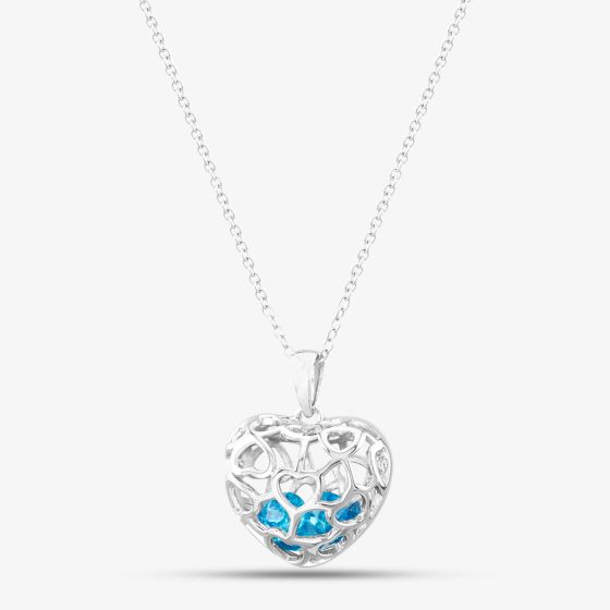 Silver Blue Cubic Zirconia Caged Heart Pendant Necklace SP01420S