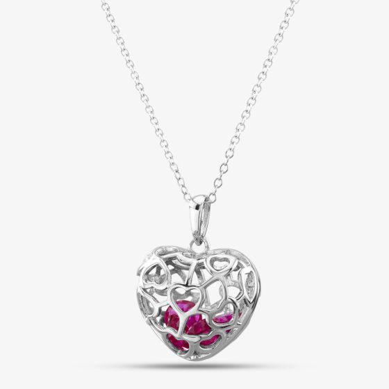 Silver Pink Red Cubic Zirconia Caged Heart Pendant Necklace SP01420R