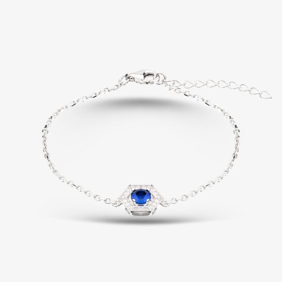 Sterling Silver Rhodium Plated Stone Set Blue Cubic Zircona Hexagon Bracelet  8.24.7942