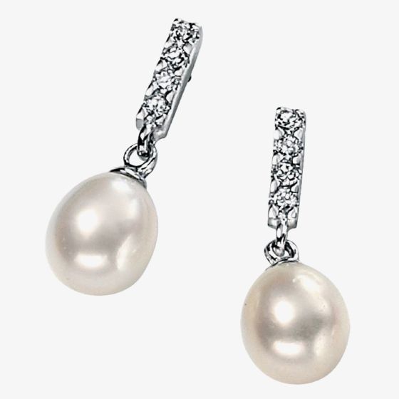 Sterling Silver Freshwater Pearl & Cubic Zirconia Drop Earrings E3385W