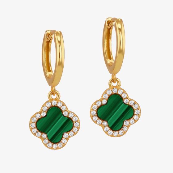 LUXE Silver Gold Plated Malachite & Cubic Zirconia Clover Dropper Hoop Earrings 8.59.1907