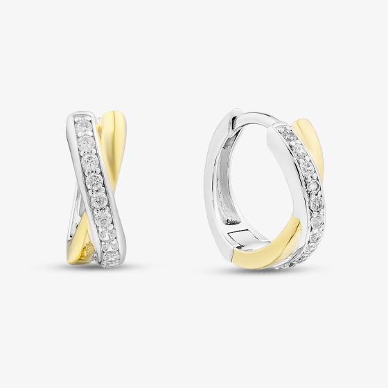 Two-Tone Cubic Zirconia Cross Over Hoop Earrings ME-1069GO