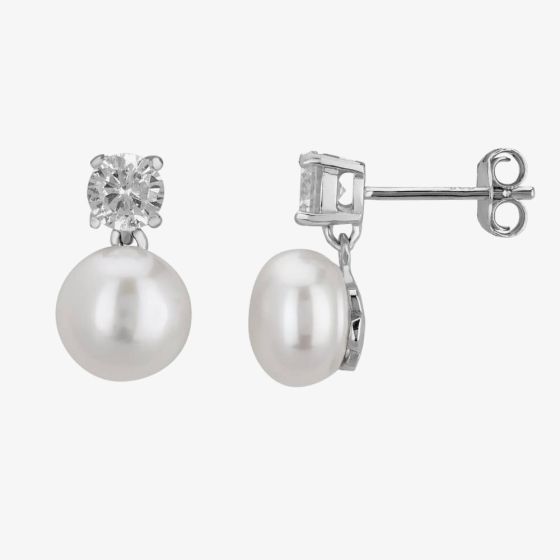 Sterling Silver Cubic Zirconia And Pearl Dropper Earrings EOW70076FW