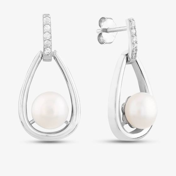 Sterling Silver Freshwater Pearl Open Teardrop Earrings EOW70096FW