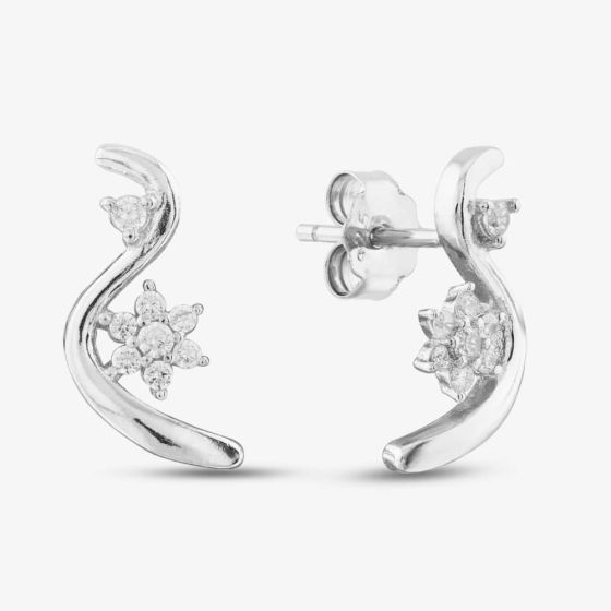 Silver Cubic Zirconia Swirl Flower Stud Earrings E614543