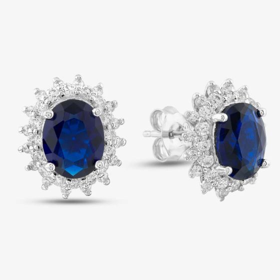 Morado Silver Oval Blue Cubic Zirconia Cluster Stud Earrings P8150E BLUE