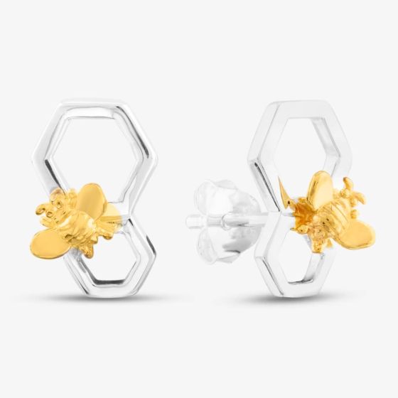 Sterling Silver Two-Tone Honeycomb & Bee Stud Earrings E5676