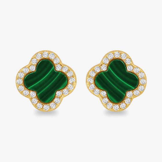 LUXE Silver Gold Plated Malachite & Cubic Zirconia Clover Stud Earrings 8.59.1902