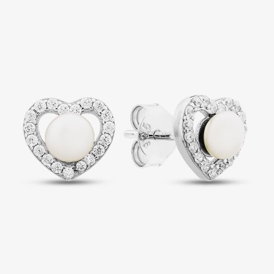 Sterling Silver Cubic Zirconia Heart Pearl Stud Earrings EOW70137FW