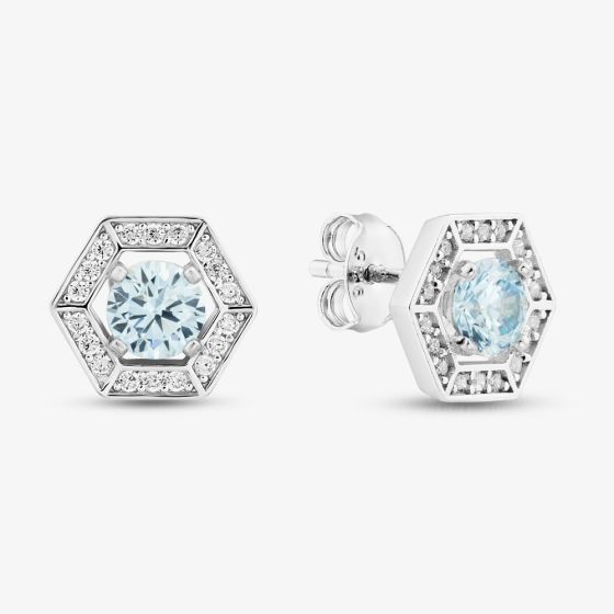 Sterling Silver Rhodium Plated Light Blue Cubic Zirconia Hexagon Stud Earrings 8.57.0019