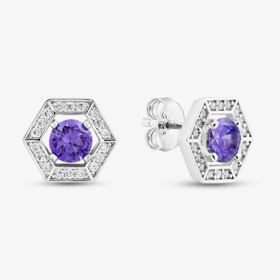 Sterling Silver Rhodium Plated Purple Cubic Zirconia Hexagon Stud Earrings 8.57.0020