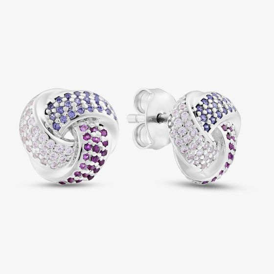 Sterling Silver Rhodium Plated Pink Cubic Zirconia Pave Knot Stud Earrings 8.57.0029